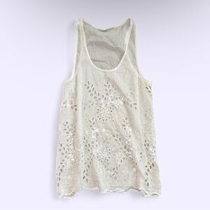 True Grit Silk Cotton Eyelet Tank Top Scalloped Hem Flowy Size S